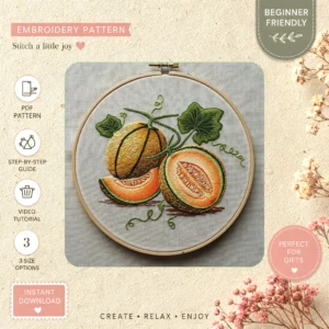 Main preview of fresh fruit floral melons hand embroidery pattern showing floral, nature, and home in a hand stitched hoop art design