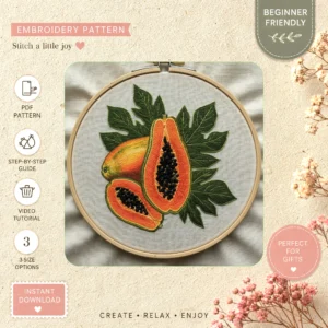 Main preview of fresh fruit vibrant fruity hand embroidery pattern showing leaves in a hand stitched hoop art design