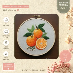 Main preview of fresh orange green leaves hand embroidery pattern showing floral, leaves, and home in a hand stitched hoop art design