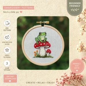 Main preview of frog mushroom needlepoint nature hand embroidery pattern showing frog, floral, and nature in a hand stitched hoop art design
