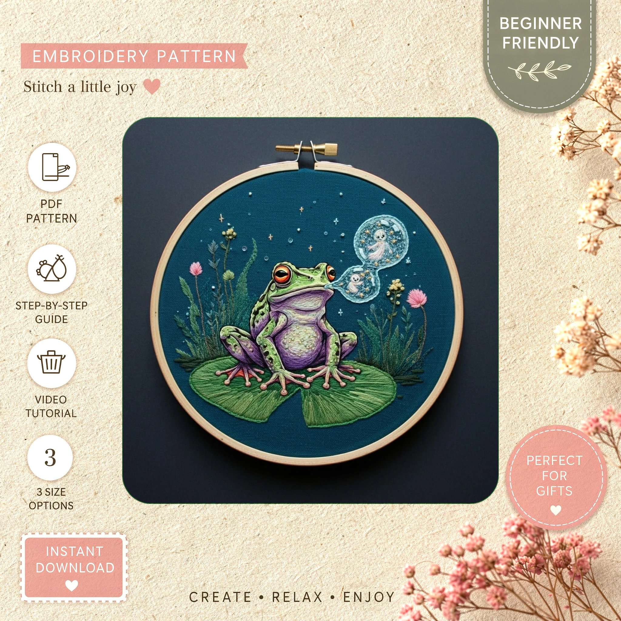 Main preview of frog pond free peaceful hand embroidery pattern showing frog, flowers, lotus, lilies, and nature in a hand stitched hoop art design
