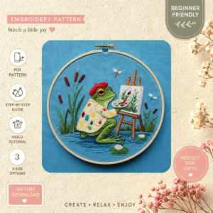 Main preview of frog's painting whimsical friendly hand embroidery pattern showing frog, nature, and home in a hand stitched hoop art design