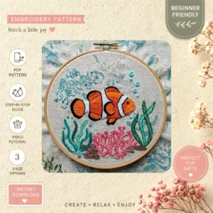 Main preview of frozen fish iconic disney hand embroidery pattern showing fish in a hand stitched hoop art design
