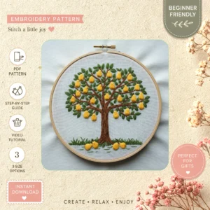Main preview of fruitful tree seasonal fruits hand embroidery pattern showing flowers, tree, and nature in a hand stitched hoop art design