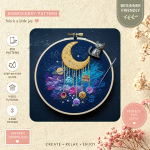 Main preview of galactic moon cat planets hand embroidery pattern showing cat, moon, stars, celestial, and planets in a hand stitched hoop art design