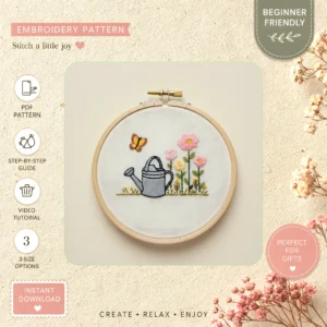 Main preview of garden flower flowering tree hand embroidery pattern showing butterfly, flower, flowers, garden, and tree in a hand stitched hoop art design