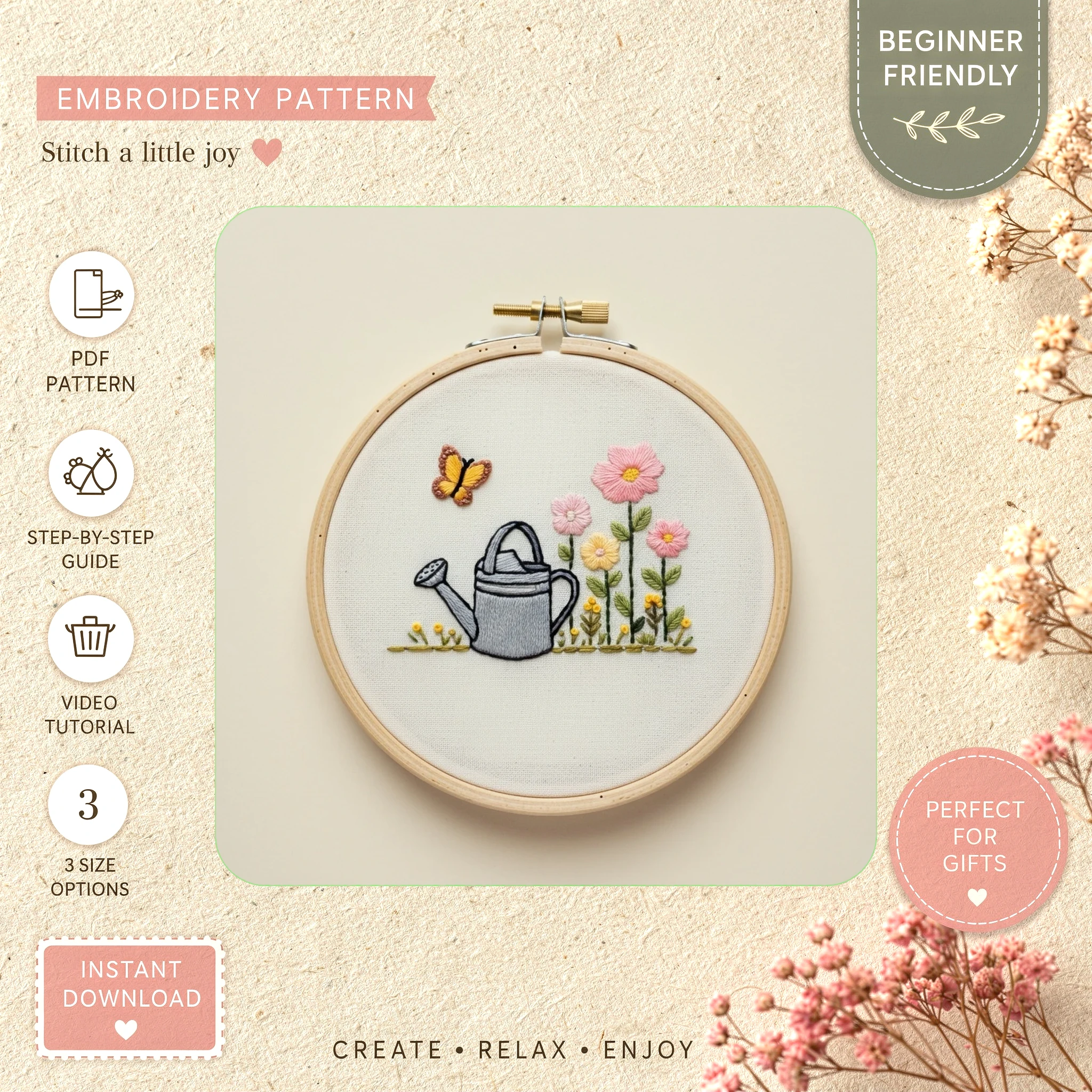 Main preview of garden flower flowering tree hand embroidery pattern showing butterfly, flower, flowers, garden, and tree in a hand stitched hoop art design