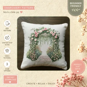 Main preview of garden gate floral archway hand embroidery pattern showing bird, birds, hedgehog, floral, and garden in a hand stitched hoop art design
