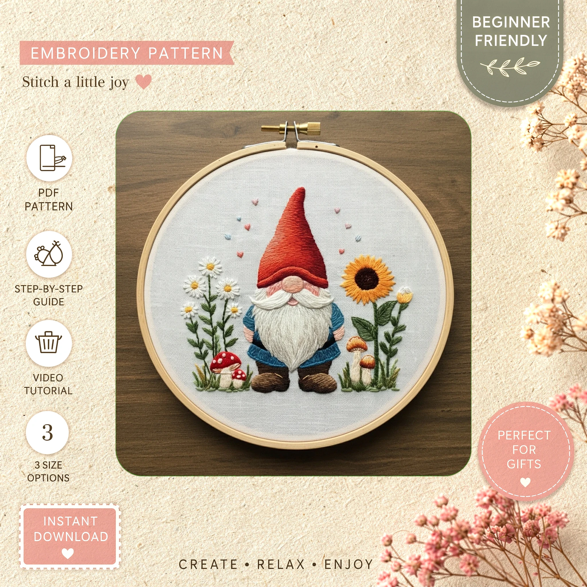 Main preview of garden gnome cute flowers hand embroidery pattern showing flowers, garden, trees, nature, and home in a hand stitched hoop art design