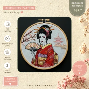 Main preview of geisha traditional japanese cherry hand embroidery pattern showing blossom and garden in a hand stitched hoop art design