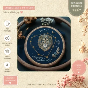 Main preview of golden lion starry nights hand embroidery pattern showing lion, floral, stars, and home in a hand stitched hoop art design