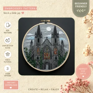 Main preview of gothic cathedral captivating stained hand embroidery pattern showing sky in a hand stitched hoop art design