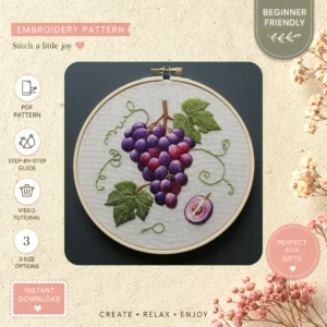 Main preview of grape bunch leaves fruit hand embroidery pattern showing leaves in a hand stitched hoop art design