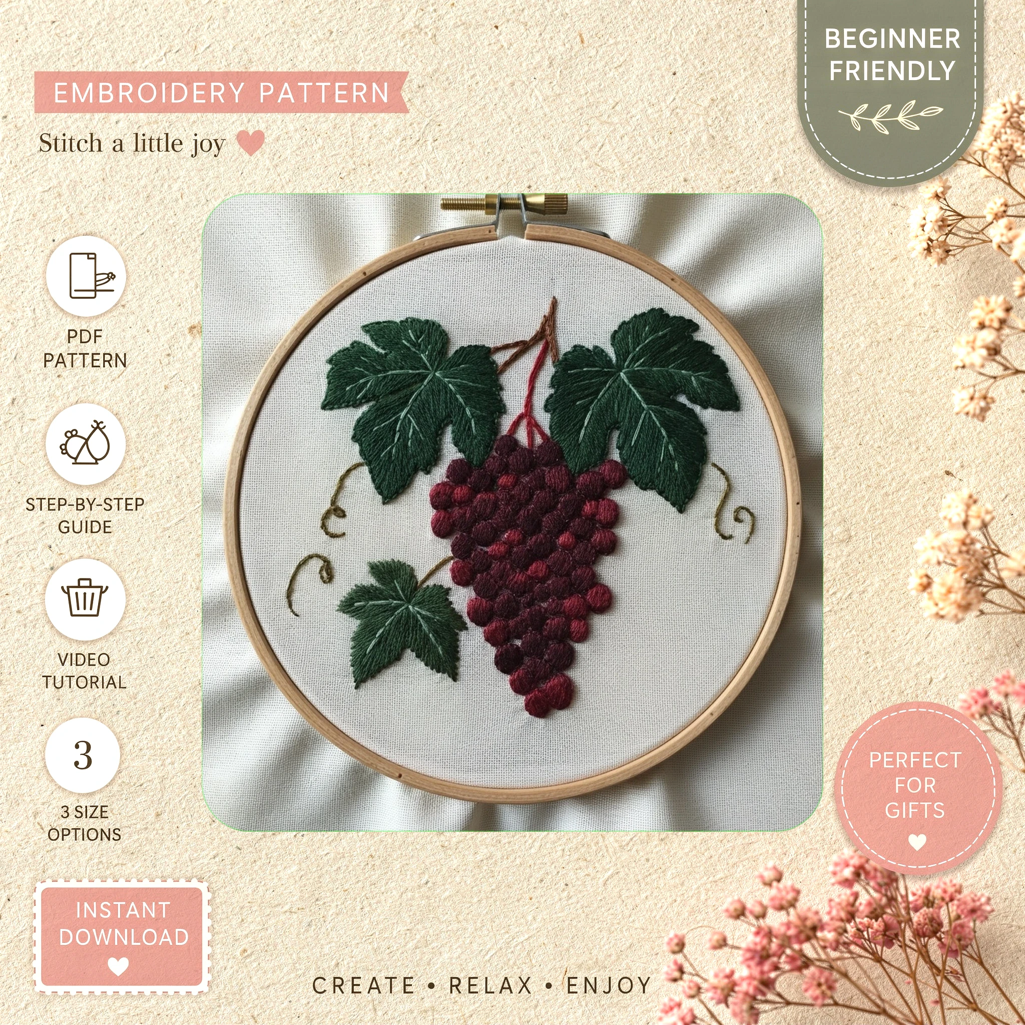 Main preview of grape vine grapes onto hand embroidery pattern showing vine and nature in a hand stitched hoop art design