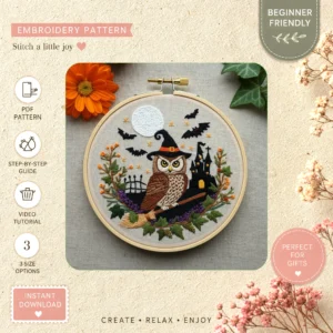 Main preview of halloween owl recreate themed hand embroidery pattern showing owl and castle in a hand stitched hoop art design