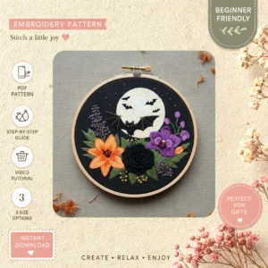 Main preview of halloween spooktacular bat moon hand embroidery pattern showing floral, bouquet, moon, and home in a hand stitched hoop art design