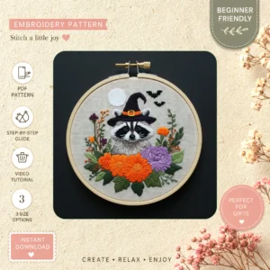 Main preview of halloween witch bat spooky hand embroidery pattern showing leaves in a hand stitched hoop art design