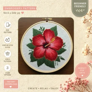 Main preview of hawaiian flower hibiscus craft hand embroidery pattern showing flower in a hand stitched hoop art design