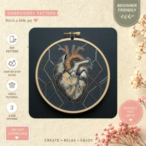 Main preview of heart within illustration stylized hand embroidery pattern showing heart within illustration stylized in a hand stitched hoop art design