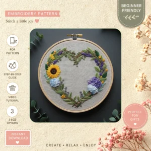 Main preview of heart wreath flowers made hand embroidery pattern showing flowers, leaves, and wreath in a hand stitched hoop art design