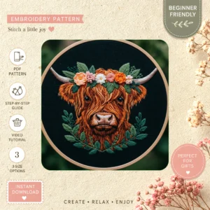 Main preview of highland cow floral accents hand embroidery pattern showing cow, flowers, floral, leaves, and home in a hand stitched hoop art design