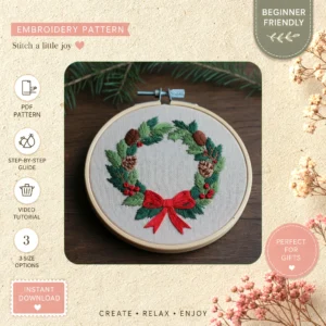 Main preview of holiday wreath winter floral hand embroidery pattern showing floral, wreath, and home in a hand stitched hoop art design