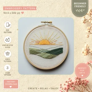 Main preview of hoops hope nature inspired hand embroidery pattern showing landscape, river, hills, sunset, and nature in a hand stitched hoop art design