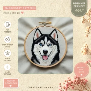 Main preview of husky happy downtime cozy hand embroidery pattern showing dog and home in a hand stitched hoop art design