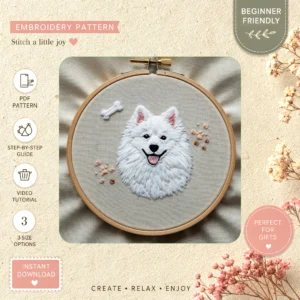Main preview of husky siberian adorable sitting hand embroidery pattern showing flowers, leaves, and home in a hand stitched hoop art design