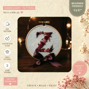 Main preview of initial monogram flower accents hand embroidery pattern showing flower and floral in a hand stitched hoop art design