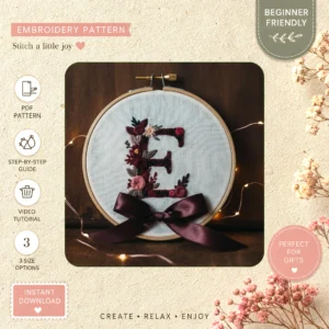 Main preview of initial surrounding floral wall hand embroidery pattern showing floral and home in a hand stitched hoop art design
