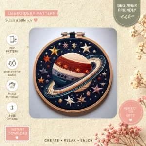 Main preview of intergalactic space stars satellite hand embroidery pattern showing stars, celestial, planet, and planets in a hand stitched hoop art design