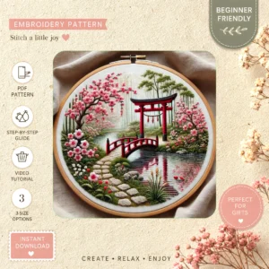 Main preview of japanese bridge flower garden hand embroidery pattern showing flower, floral, garden, nature, and bridge in a hand stitched hoop art design