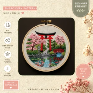 Main preview of japanese garden serene tranquil hand embroidery pattern showing blossom, garden, and trees in a hand stitched hoop art design