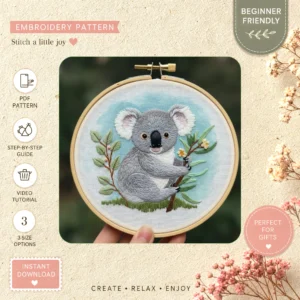 Main preview of koala branch cozy sleepy hand embroidery pattern showing flowers in a hand stitched hoop art design