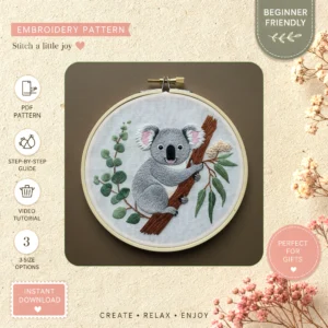 Main preview of koala leaf embroidered nature hand embroidery pattern showing leaf and nature in a hand stitched hoop art design