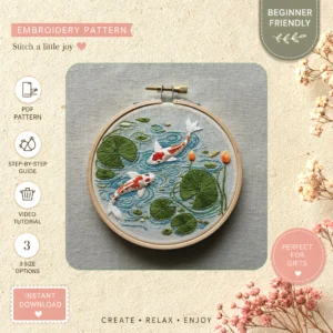 Main preview of koi fish lotus flower hand embroidery pattern showing fish, koi, flower, flowers, and lotus in a hand stitched hoop art design