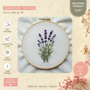 Main preview of lavender fields nature field hand embroidery pattern showing flowers, lavender, field, fields, and nature in a hand stitched hoop art design