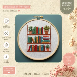 Main preview of library cozy books plants hand embroidery pattern showing home in a hand stitched hoop art design