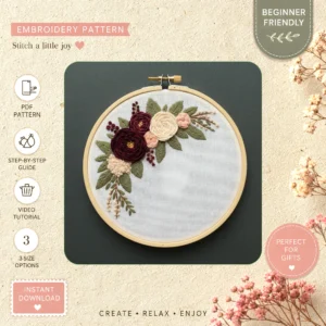 Main preview of life nature inspired spring hand embroidery pattern showing flowers, floral, bouquet, roses, and leaves in a hand stitched hoop art design
