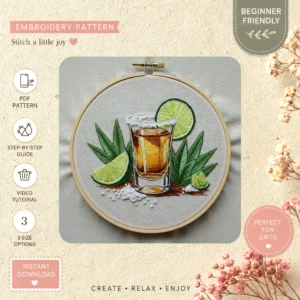 Main preview of lime margarita cocktail limes hand embroidery pattern showing lime margarita cocktail limes in a hand stitched hoop art design