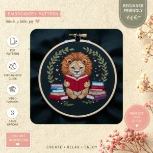 Main preview of lion reader book sitting hand embroidery pattern showing lion in a hand stitched hoop art design
