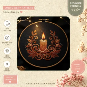Main preview of lit candle surrounded floral hand embroidery pattern showing flowers, floral, leaves, nature, and home in a hand stitched hoop art design