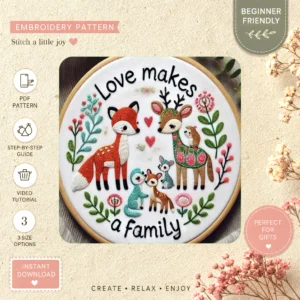 Main preview of love makes family deer hand embroidery pattern showing birds, deer, flower, flowers, and nature in a hand stitched hoop art design
