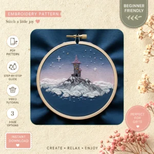 Main preview of magical night cottage starry hand embroidery pattern showing landscape, forest, cottage, sky, and moon in a hand stitched hoop art design