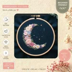 Main preview of magical night moon stars hand embroidery pattern showing floral, trees, sky, moon, and crescent in a hand stitched hoop art design