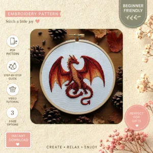 Main preview of majestic dragon vibrant red hand embroidery pattern showing nature and home in a hand stitched hoop art design
