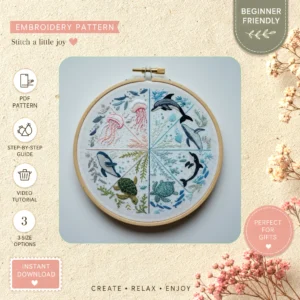 Main preview of marine life nature whales hand embroidery pattern showing nature, ocean, sea, and marine in a hand stitched hoop art design