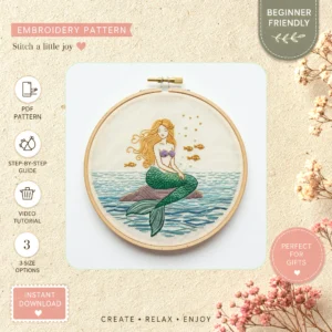 Main preview of mermaid ocean playful fish hand embroidery pattern showing fish, ocean, sea, waves, and home in a hand stitched hoop art design