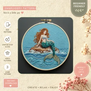 Main preview of mermaid ocean serene seashells hand embroidery pattern showing nature, ocean, and sea in a hand stitched hoop art design
